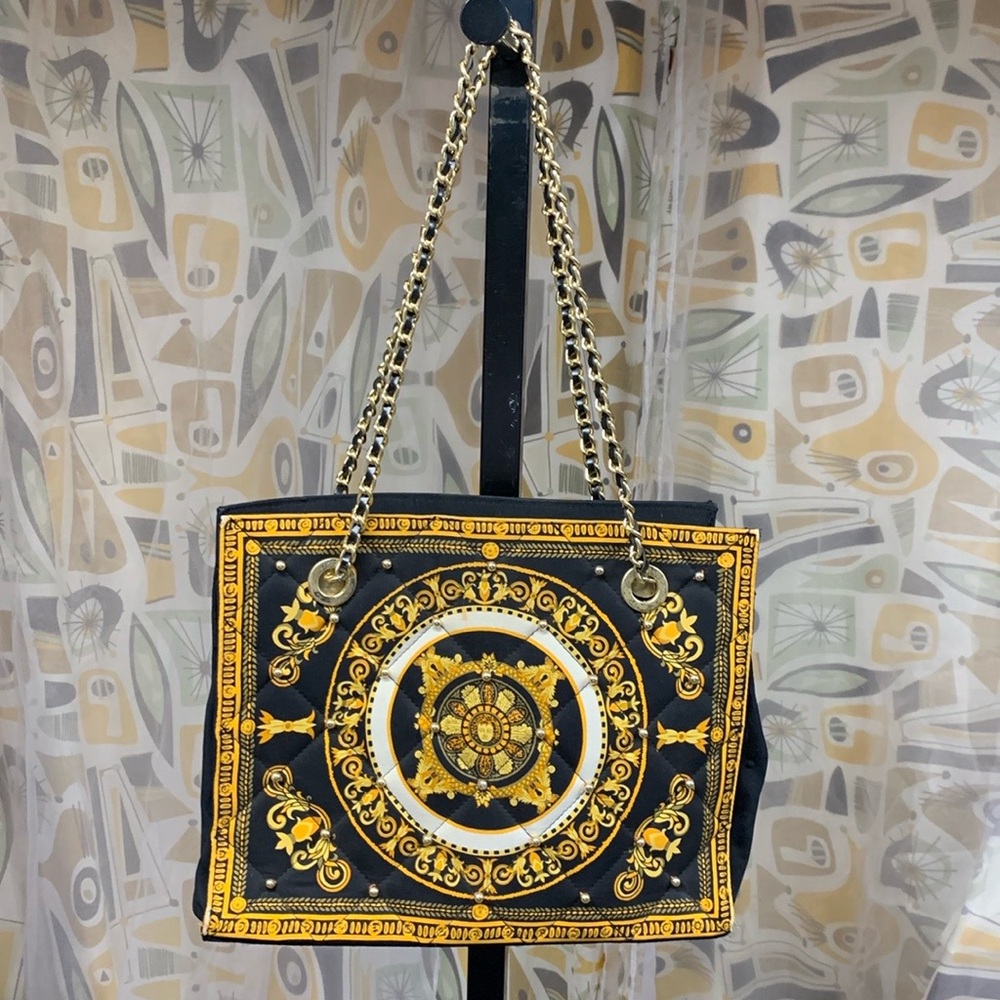 DIANE GILMAN Vintage Quilted 100% Silk  and Leather Twisted Chain Strap Bag